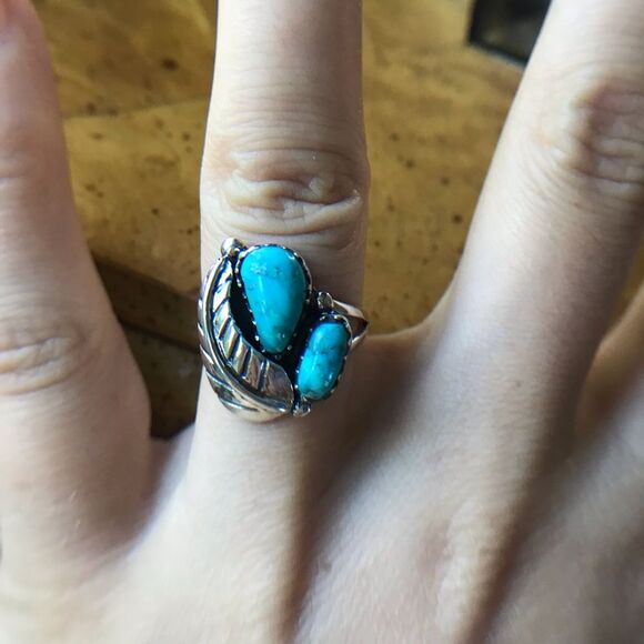 Kingman Turquoise Sterling Silver Feather Ring Size 6 - Picture 8 of 9
